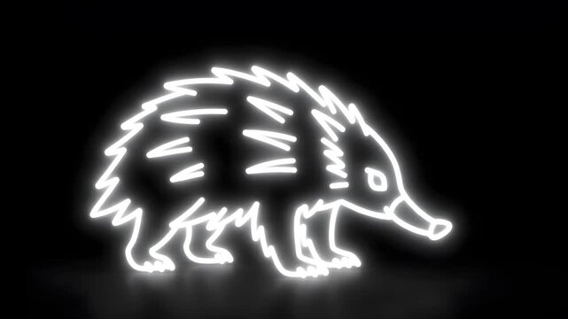 White Neon Line Art Echidna with Gently Moving Snout on Black Background