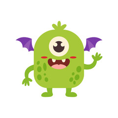 Fototapeta premium Cute Green Bat Wing Monster Cartoon Character Flat Illustration