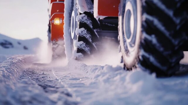 The red snowmobile creates a trail of dust as it speeds along the narrow path on a snowy day. The rugged mountains provide a stunning backdrop to this winter scene.