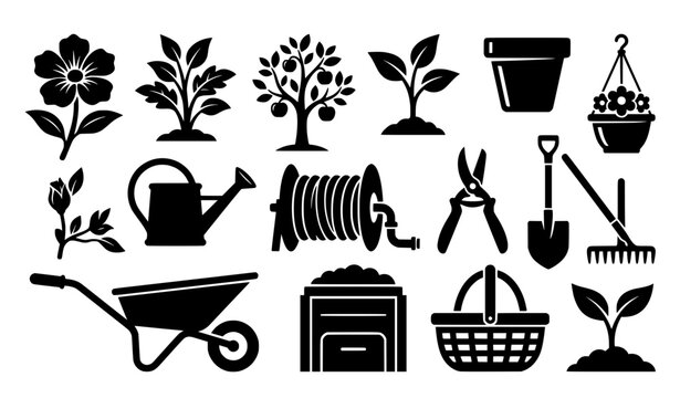 Outdoor gardening and plant growth black vector collection with flowers tools pots and botanical elements