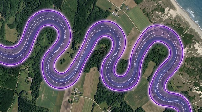 Aerial Map View of GIS Buffer Analysis Overlay on Winding River Path