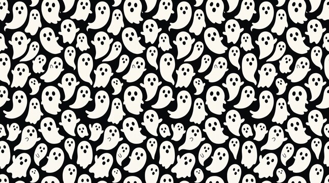 Seamless repeating pattern of cute cartoon ghosts on a black background perfect for spooky halloween designs and textiles