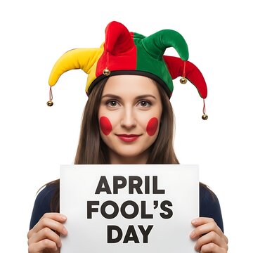 Woman dressed as a jester holding an april fool's day sign