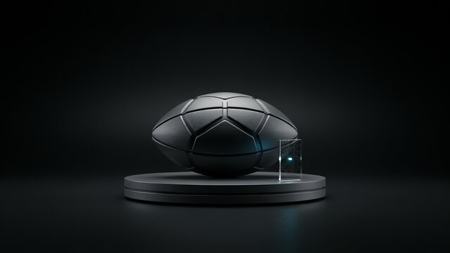 Dark metallic american football displayed on a round pedestal against a black background with football american pedestal