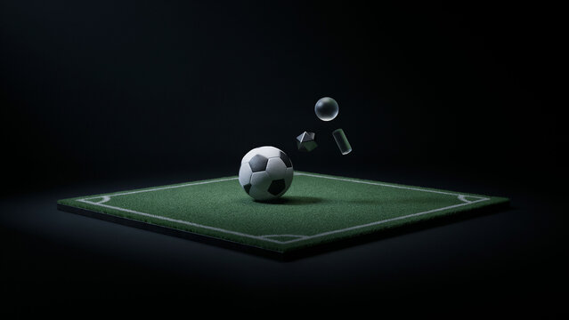 Miniature football on a turf field mat with floating abstract elements against a dark background football miniature abstract