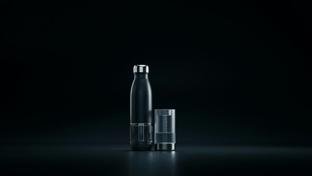 Stainless steel water bottle and tumbler standing on a dark reflective surface with stainless container hydration beverage