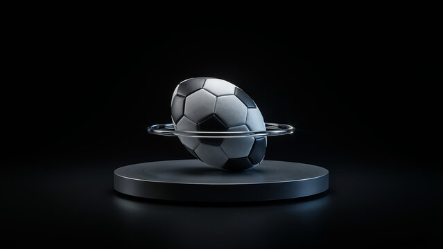 Textured football surrounded by a glowing ring on a pedestal against a dark background with sci fi football pedestal textured