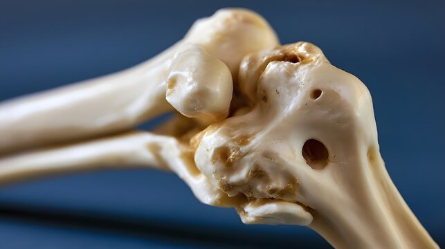 Close up of human bone joint anatomy showing detailed articulation and porous texture against a blue background