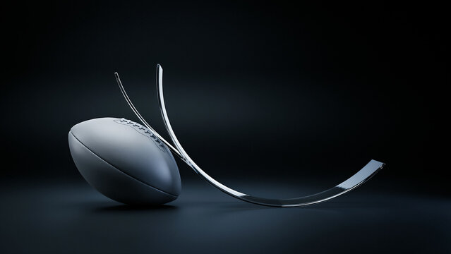 Abstract minimalist composition featuring a textured gray football beside metallic curved ribbons on a dark background, football