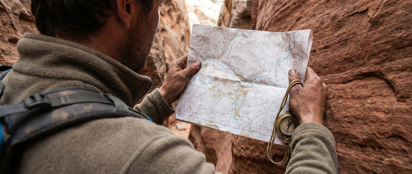 Man holding a map and compass while exploring a winding canyon. Canyoneering adventure for extreme tourism and outdoor expedition.