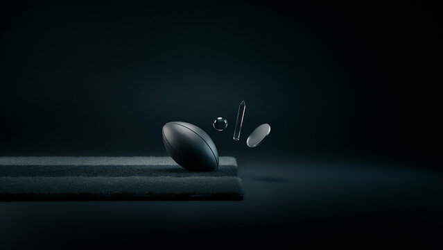 Minimalist action capture of a textured football rolling off a dark carpeted edge with flying abstract particles, football