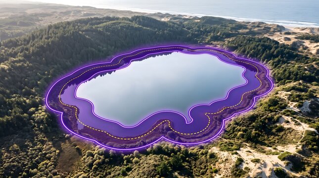 Aerial view of a forest lake featuring a purple GIS buffer zone for environmental spatial analysis and mapping