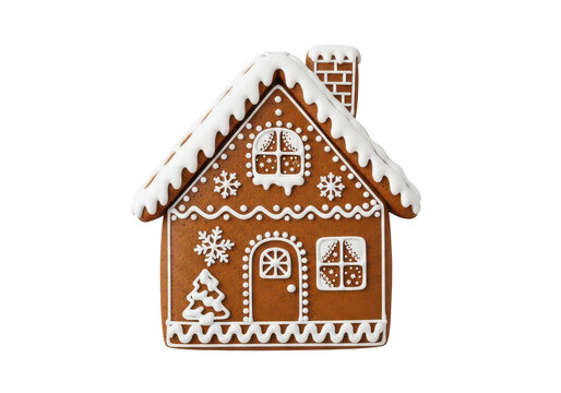 Decorated gingerbread house cookie isolated on transparent background
