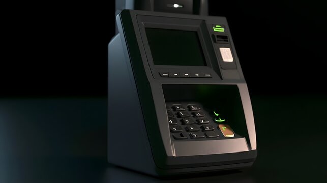Modern electronic terminal device featuring keypad and screen with green illuminated indicators against dark background