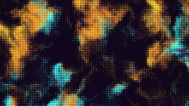 Abstract digital glitch art background with orange and teal pixelated particles in dark moody cinematic atmosphere