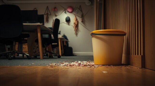 Office floor littered with confetti after a celebration, near a yellow bin. A yellow bin stands next to a pile of colorful confetti scattered across the office floor after a party