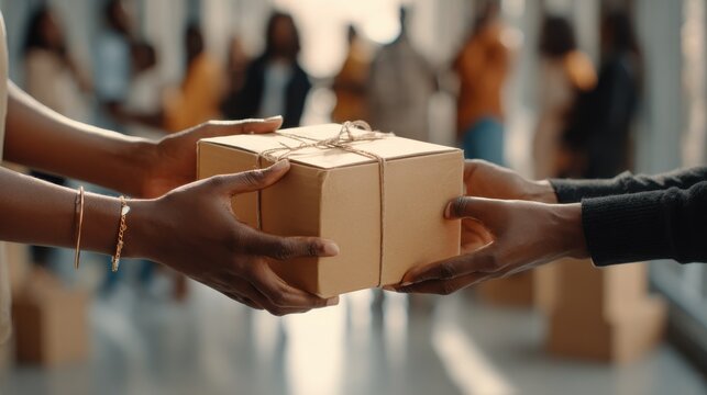 Hands exchanging a package, symbolizing delivery and logistics services. Close-up of two pairs of hands passing a cardboard box, representing the transfer of goods and services