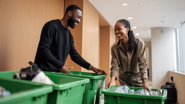 Smiling couple sorting recyclables into green bins for a sustainable future. A man and woman happily sort plastic bottles and other waste into designated green recycling containers