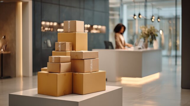 Stack of cardboard boxes waiting for delivery at a modern office reception. Cardboard packages are piled high on a pedestal in bright, contemporary reception area with blurred person working at desk