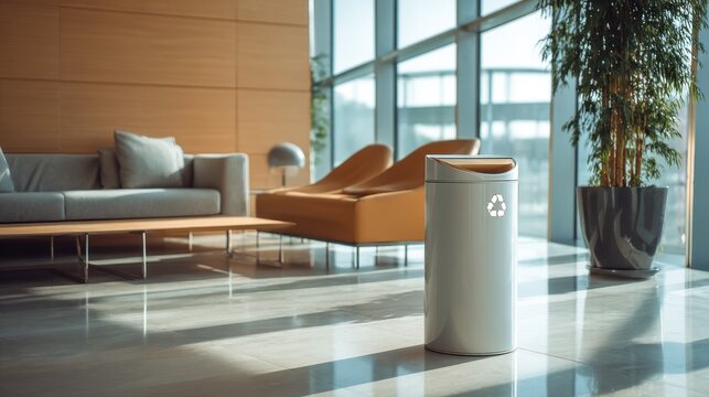 Modern recycling bin with a prominent recycling symbol in a stylish office lobby. A sleek, contemporary recycling bin stands in a bright, sunlit reception area, promoting environmental consciousness