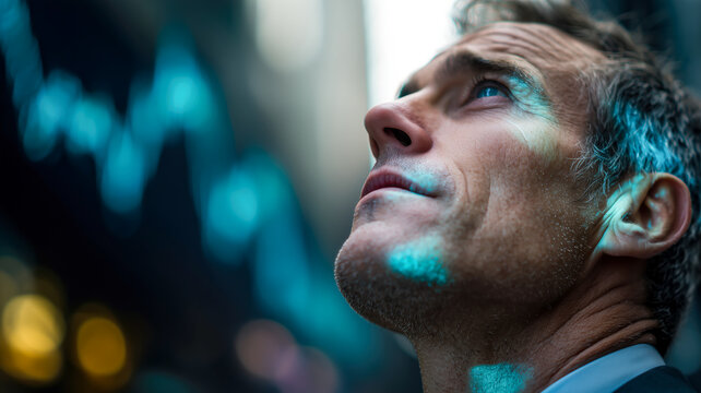 Mans face reflecting digital data, contemplating future trends