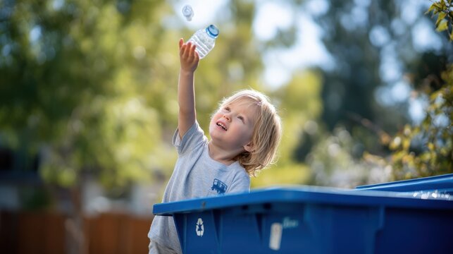 Young child tossing a plastic bottle into a blue recycling bin outdoors. Child blonde hair is actively participating in waste management by throwing plastic water bottle into blue recycling container
