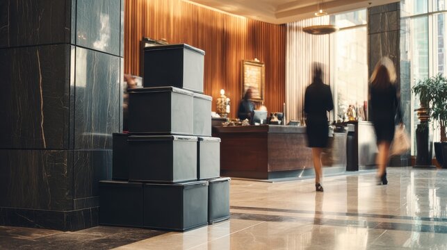 Stack of dark boxes waiting for delivery in a modern lobby. A stack of dark, sleek boxes sits in the foreground of a hotel or office lobby, awaiting shipment or delivery