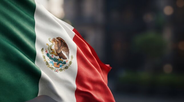 Mexican flag waving in soft natural light, featuring the iconic green, white and red colors with the national emblem, dramatic folds and dark blurred background with copy space.