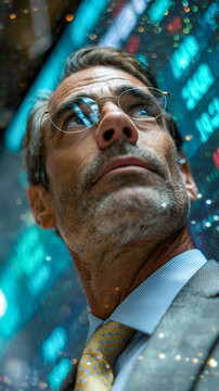 Man looking up at stock market data, envisioning financial success