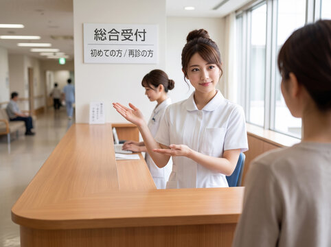 医療総合受付で患者に右手を差し出して案内する制服姿の女性