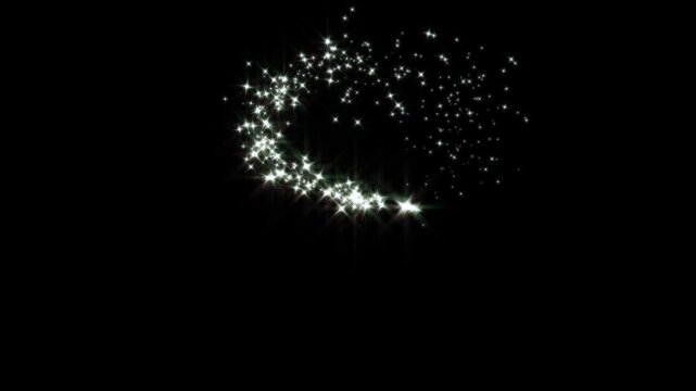 Glowing fairy glittering trail animation on black screen background, white shimmer particles, flowing glowing particles animation, cartoon doodle sparkles, 4k Magic light stars line effect