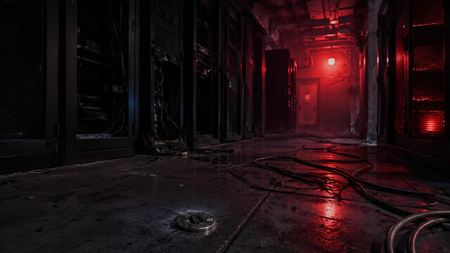 Bitcoin coin on floor of dark server room with red light. Cryptocurrency mining facility with computer hardware racks. Digital finance security and blockchain technology concept.