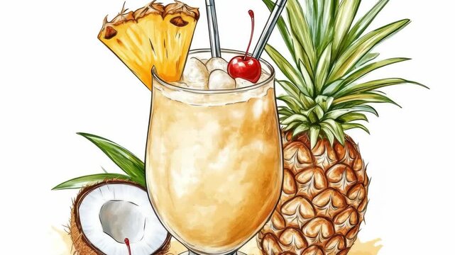 A vibrant of a pineapple and coconut-based cocktail, garnished with a slice of fresh pineapple and a cherry on top, evoking the feeling of a tropical vacation.
