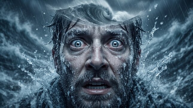 Close up portrait of a terrified man struggling in stormy ocean water. Male face covered in splashes with a crashing wave overhead. Survival and danger concept