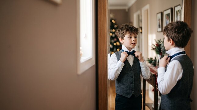 Young boy in formal attire adjusts his bowtie in front of a mirror with a Christmas tree in the background, preparing for New Year 2027 celebrations