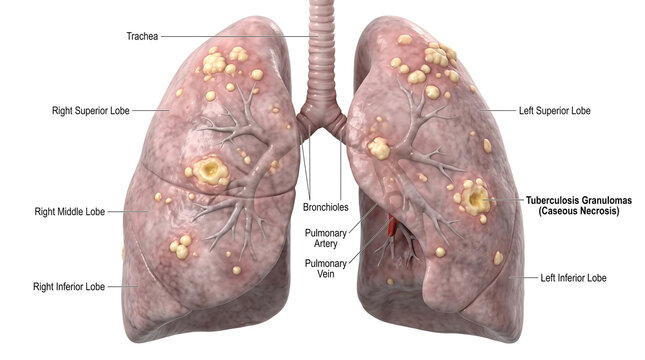 Medical illustration of human lungs showing tuberculosis granulomas and caseous necrosis