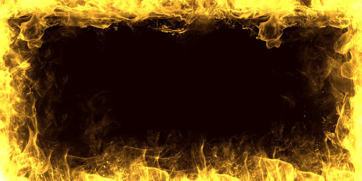 Golden fire frame border on black background