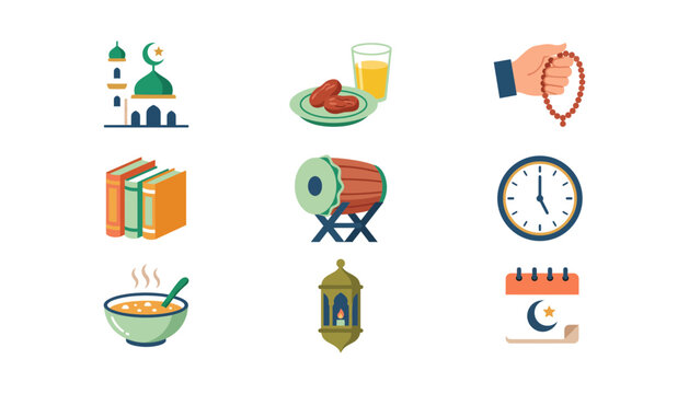 Islamic Ramadan flat vector icon set featuring colorful illustrations of mosque dates juice tasbih beads quran books bedug drum clock soup lantern calendar