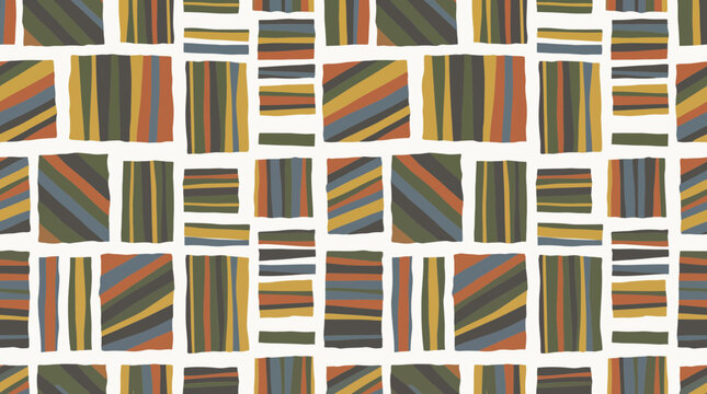 Abstract geometric pattern with colorful striped rectangles and squares.