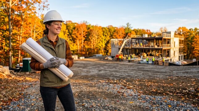 Female architect holding blueprints at autumn construction site with modern building under development