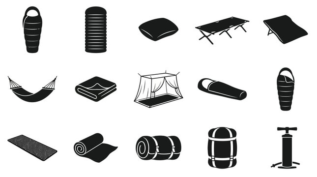 Collection of camping and outdoor sleeping gear icons.