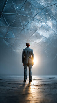 Man stands in luminous geodesic dome, envisioning a connected future
