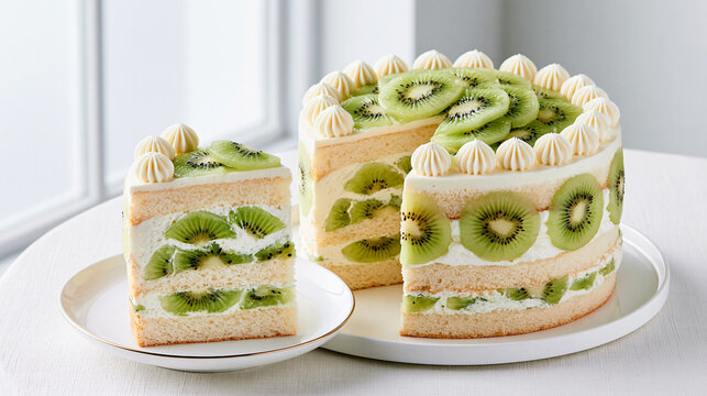 Kiwi Cream Layer Cake with Fresh Fruit
