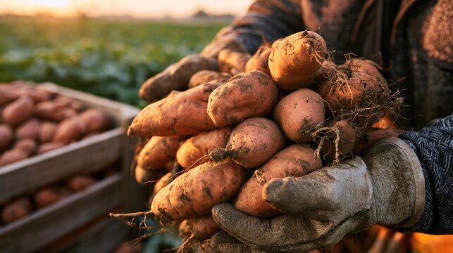 Farmer holding a fresh harvest of organic sweet potatoes in a field at sunset.