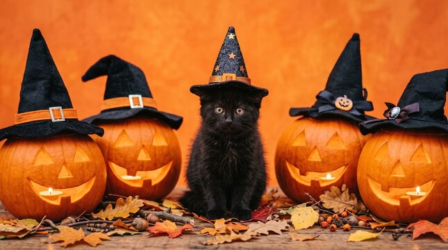 Festive halloween pumpkins wearing witch hats with a black cat in the center
