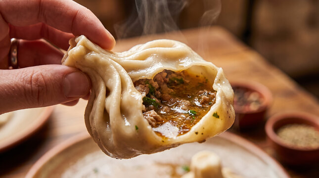 Hand Holding Steaming Georgian Khinkali Dumpling Revealing Juicy Meat Broth Filling Close-Up