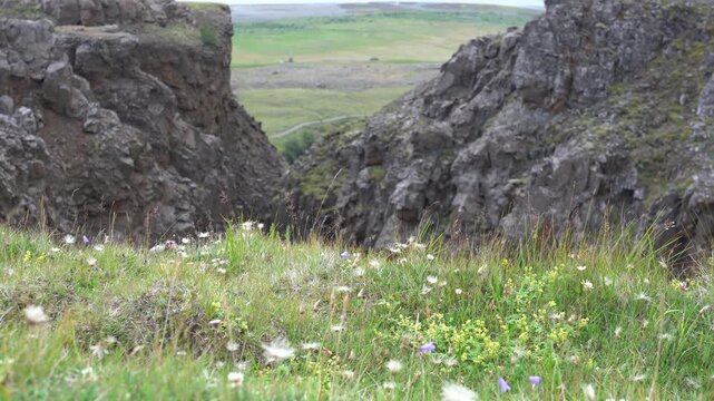 Rugged volcanic landscape with river flowing through rocky canyon and natural cave formations in Iceland. Dramatic scene of basalt rocks