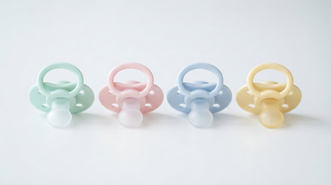 A cheerful row of four baby pacifiers displayed against a plain white background. From left to right, the pacifier colors are light green, pink, blue, and yellow