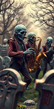 Saxophone-wielding zombie band playing jazzy tunes amidst graveyard tombstones, jazz, Halloween