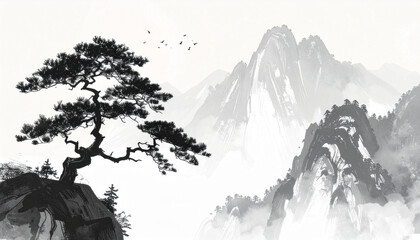 Fototapeta premium Japanese Ink Mountain Landscape Generative AI